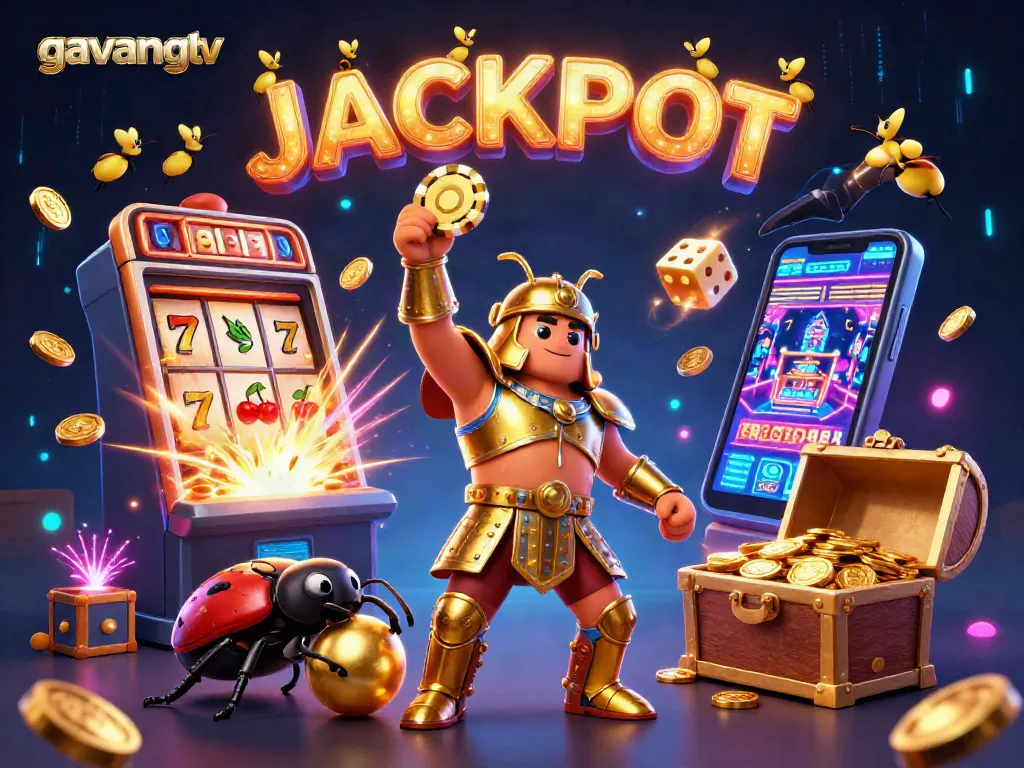Experience excitement at gavangtv with a thrilling jackpot scene featuring winning characters and dynamic casino elements.