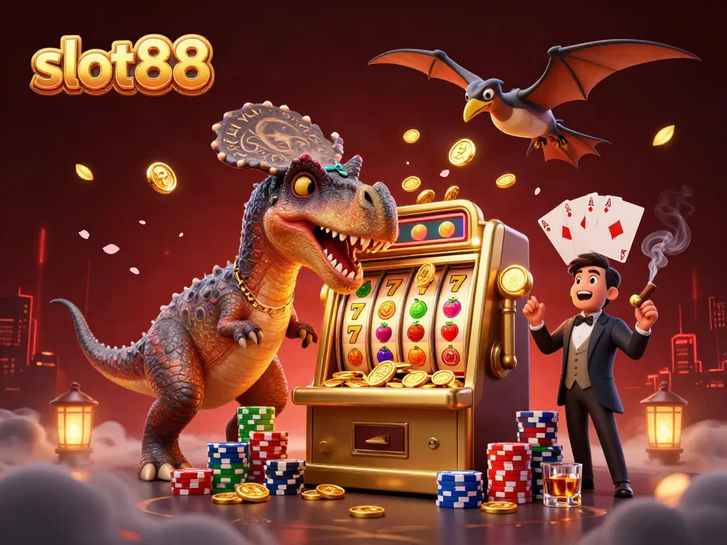slot88 dinosaur character hitting slot machine for jackpot coins amidst poker and casino elements