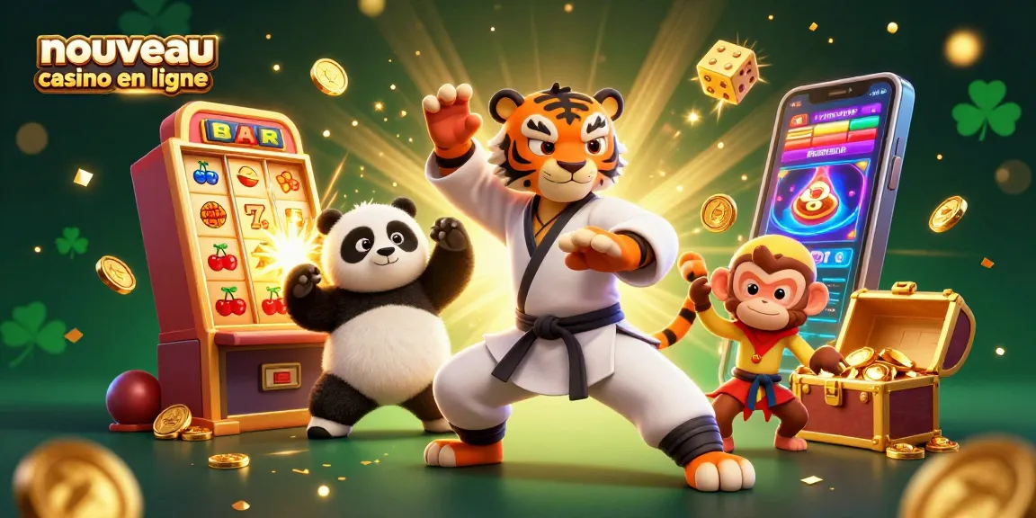 Action dans un nouveau casino en ligne avec un tigre maître des arts martiaux, un panda, et un singe espiègle.