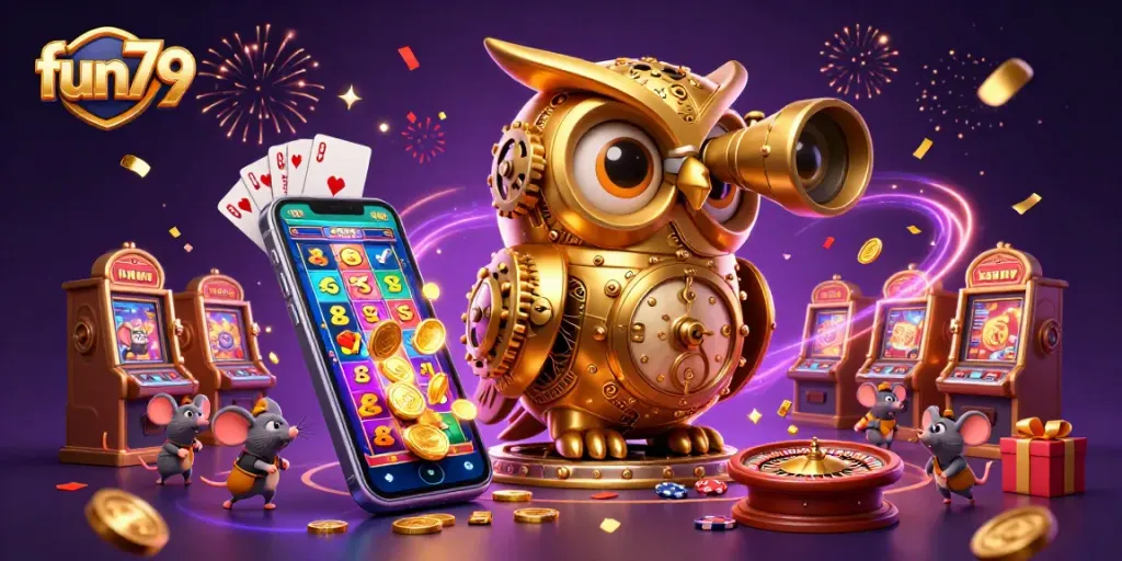 Experience the excitement with fun79 as the owl surveys a vibrant casino setting filled with games and treasures.