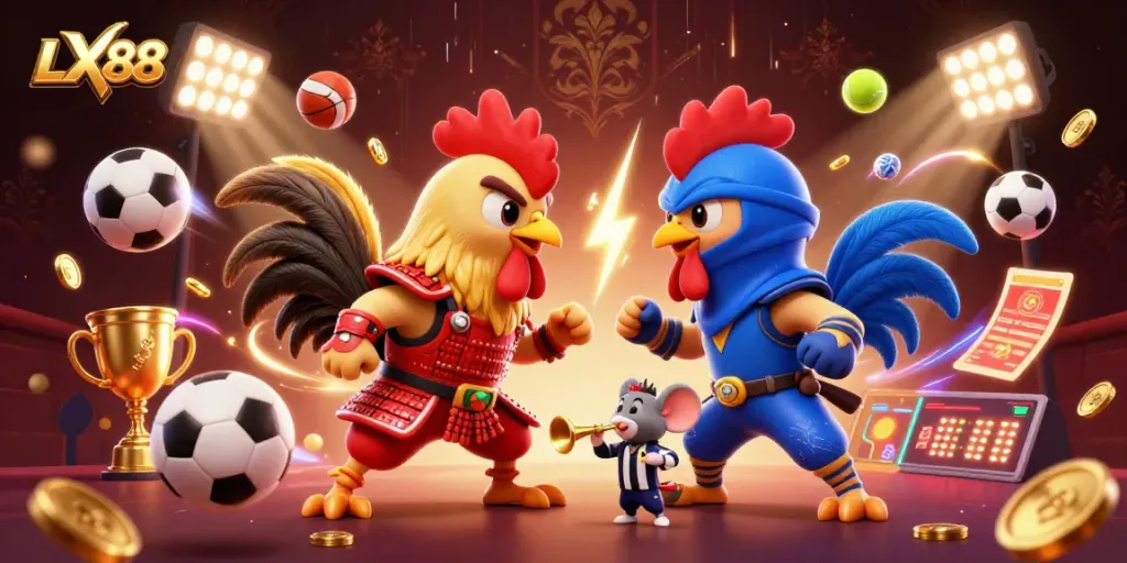 Engage in thrilling LX88 combat with dynamic action between cartoon roosters in a colorful casino arena.