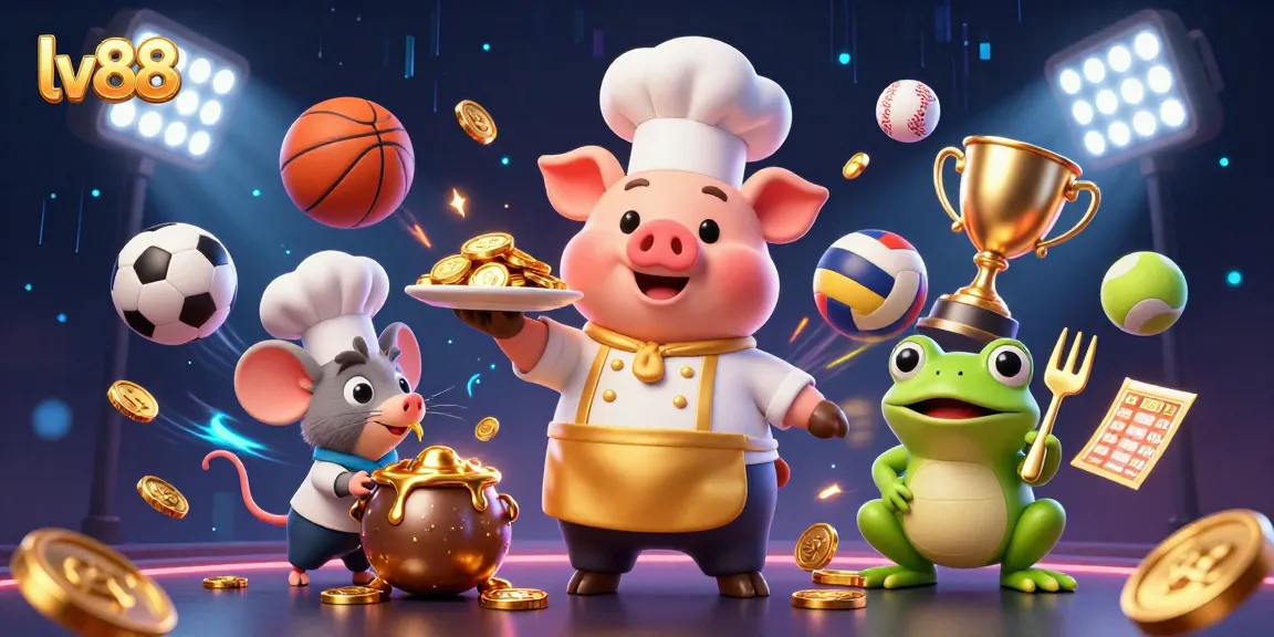 Experience thrilling gaming action with lv88's vibrant 3D casino scene featuring pig chef and dynamic sports elements.