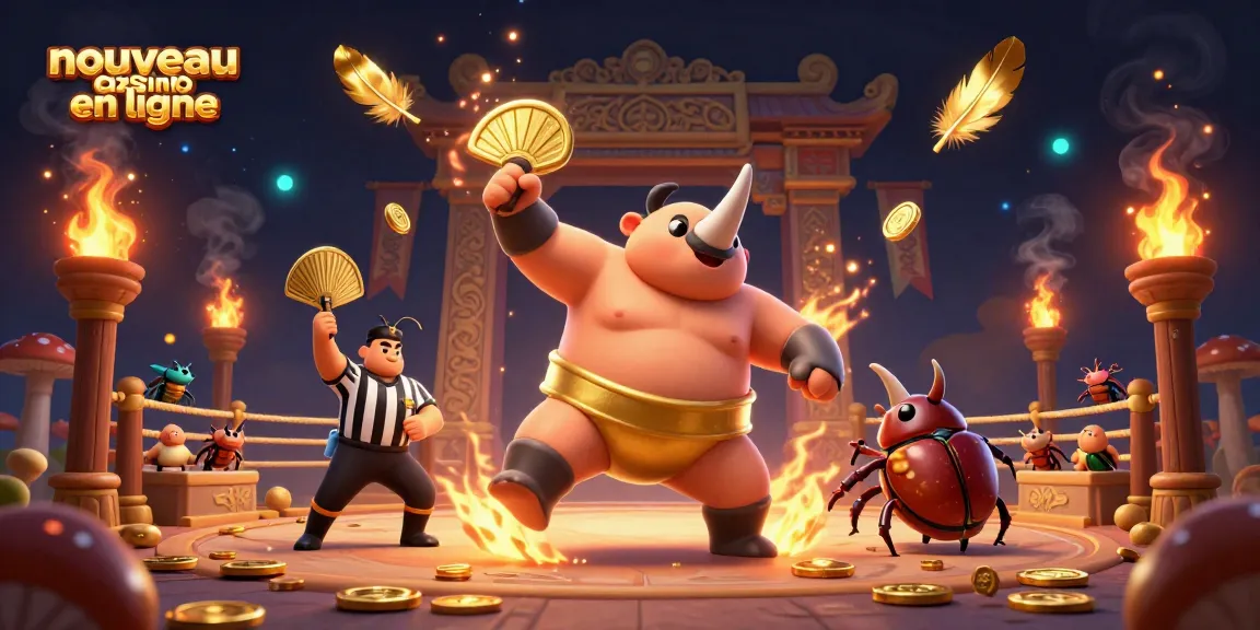 Nouvelle animation sur le thème du casino en ligne, affichant un sumo insecte éclatant et une ambiance énergique.