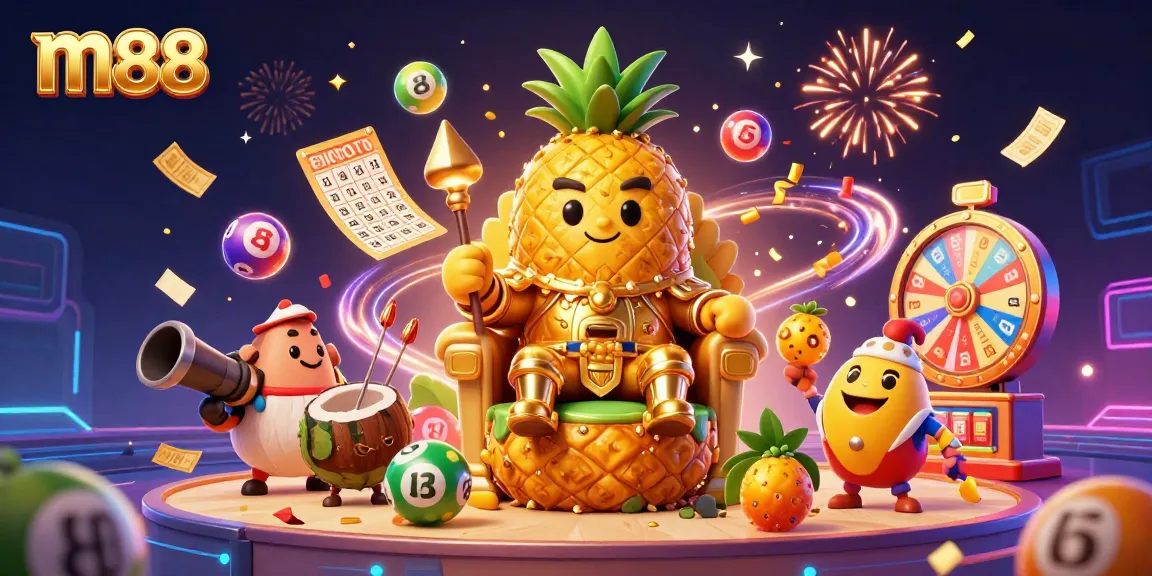 Experience the thrill of m88 with vibrant lottery elements and a tropical casino king!