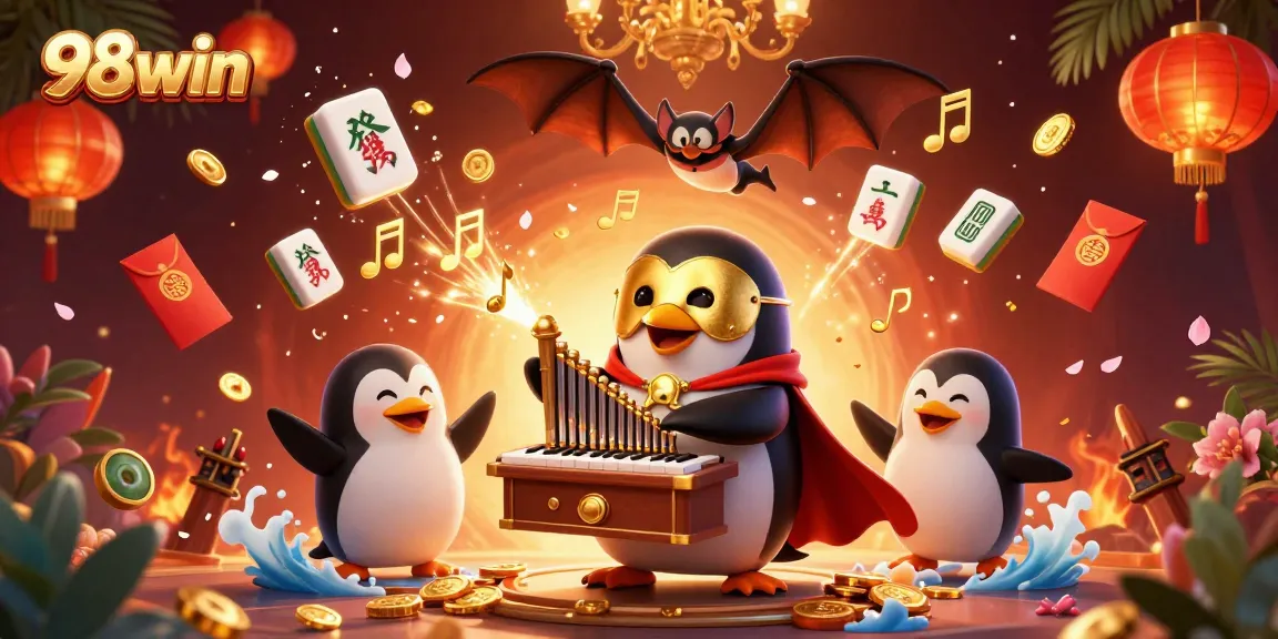 98win brings thrilling casino excitement with a captivating 3D cartoon illustration of a penguin organist.