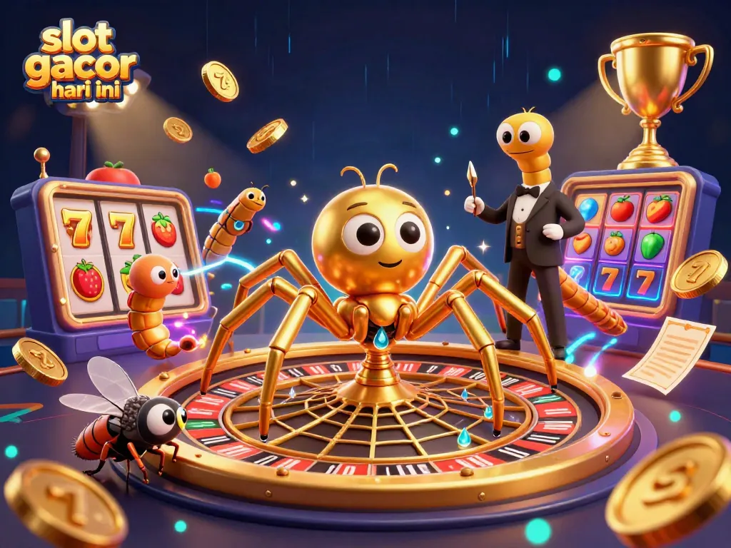 Experience slot gacor hari ini with a colorful 3D scene featuring a spinning roulette wheel, sports elements, and dynamic characters.