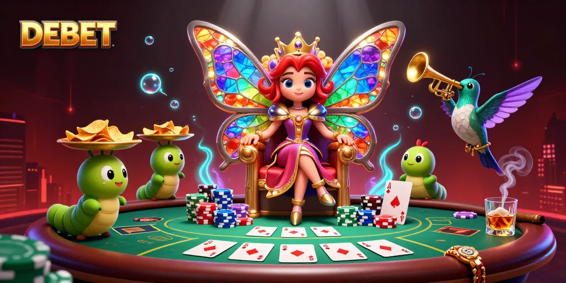 DEBET showcases a vibrant poker scene with a butterfly queen and vibrant poker elements.