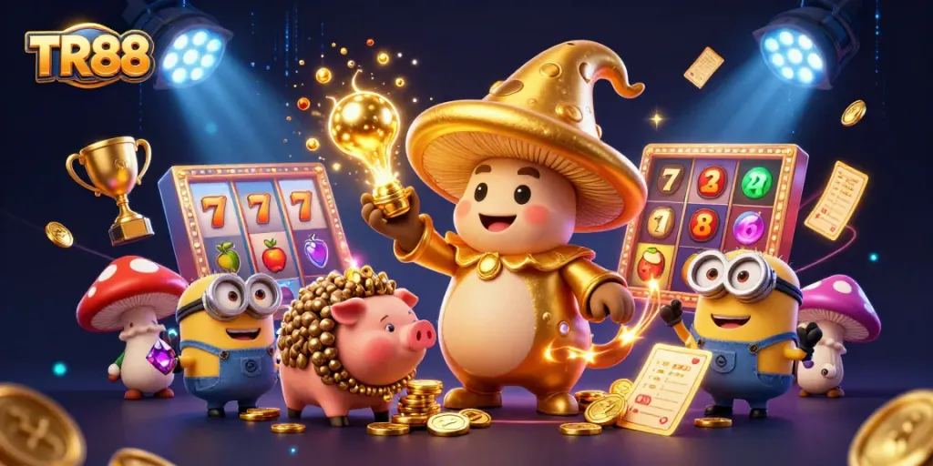 Experience TR88 action with a magical wizard and treasures in a vibrant casino scene.