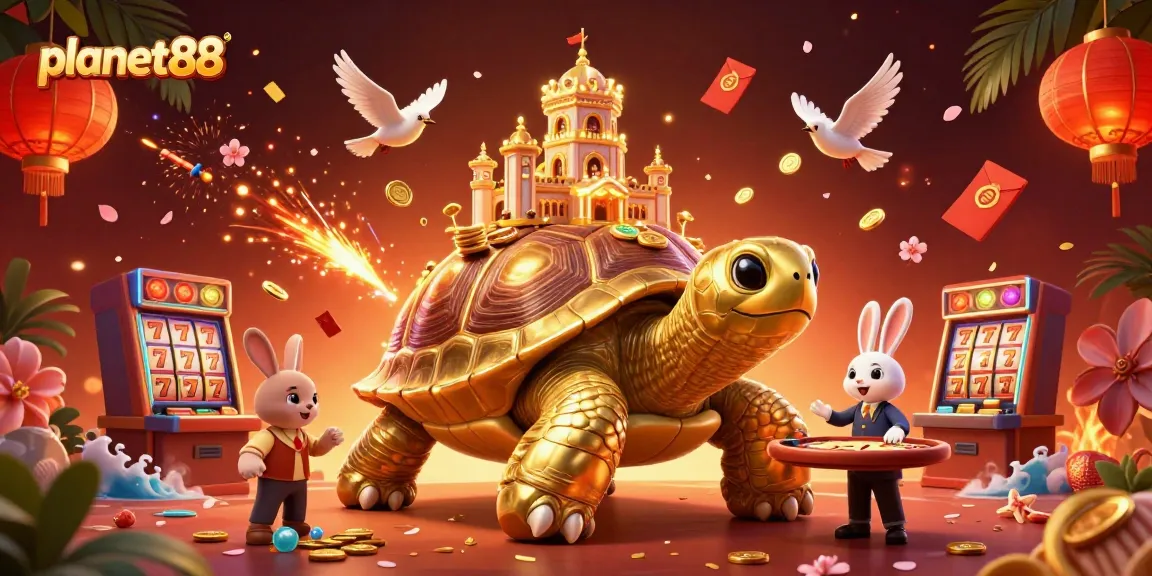 Spin the reels at planet88's magical casino palace with golden tortoise and lucky rabbit dealer