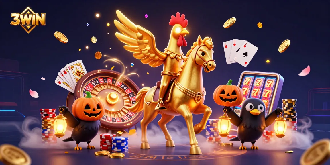 Experience the thrill of 3WIN casino with golden rooster and vibrant gaming elements.