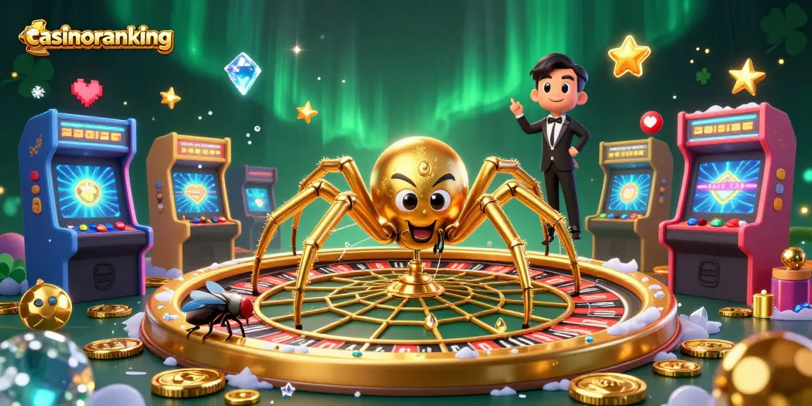 Bet on the thrilling scene of casinoranking with a golden spider spinning a roulette wheel web.