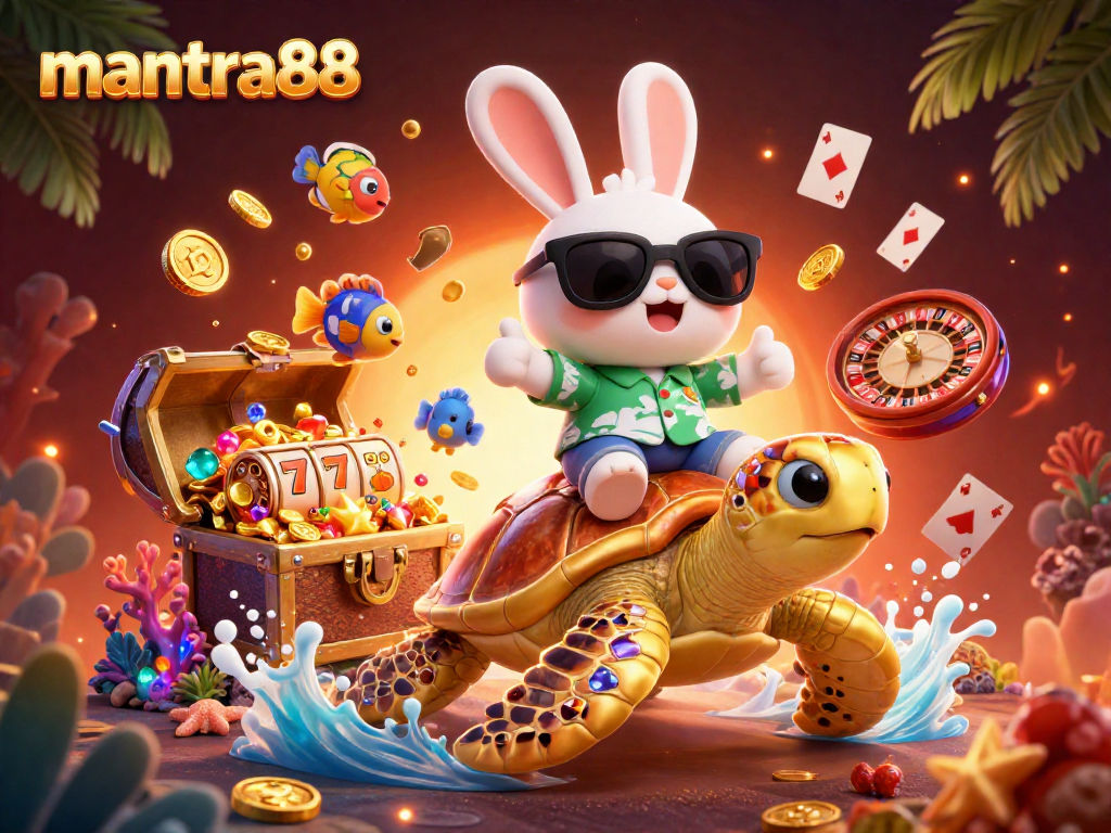 Experience the thrill of mantra88 with a lucky rabbit and golden turtle amidst vibrant casino elements.