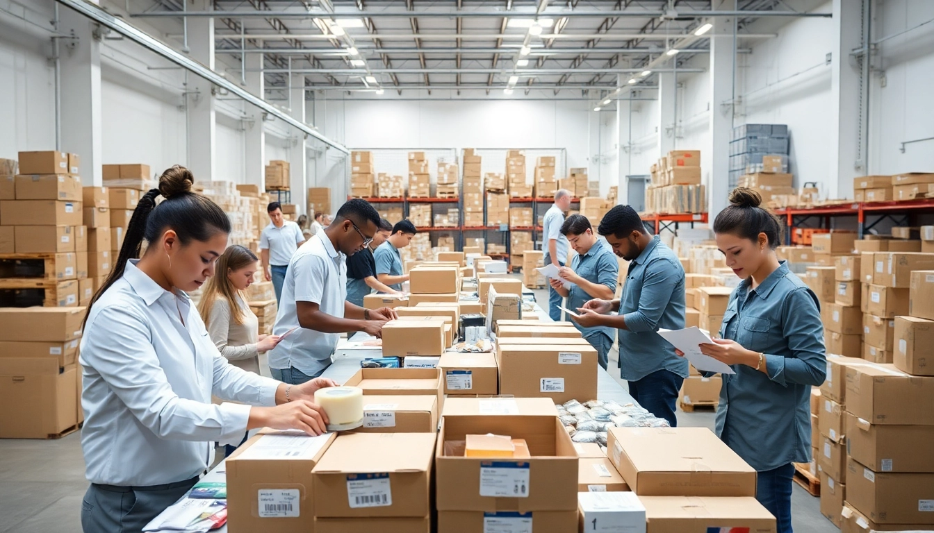 Kitting & Fulfillment Services team efficiently assembling product kits in a bright warehouse.