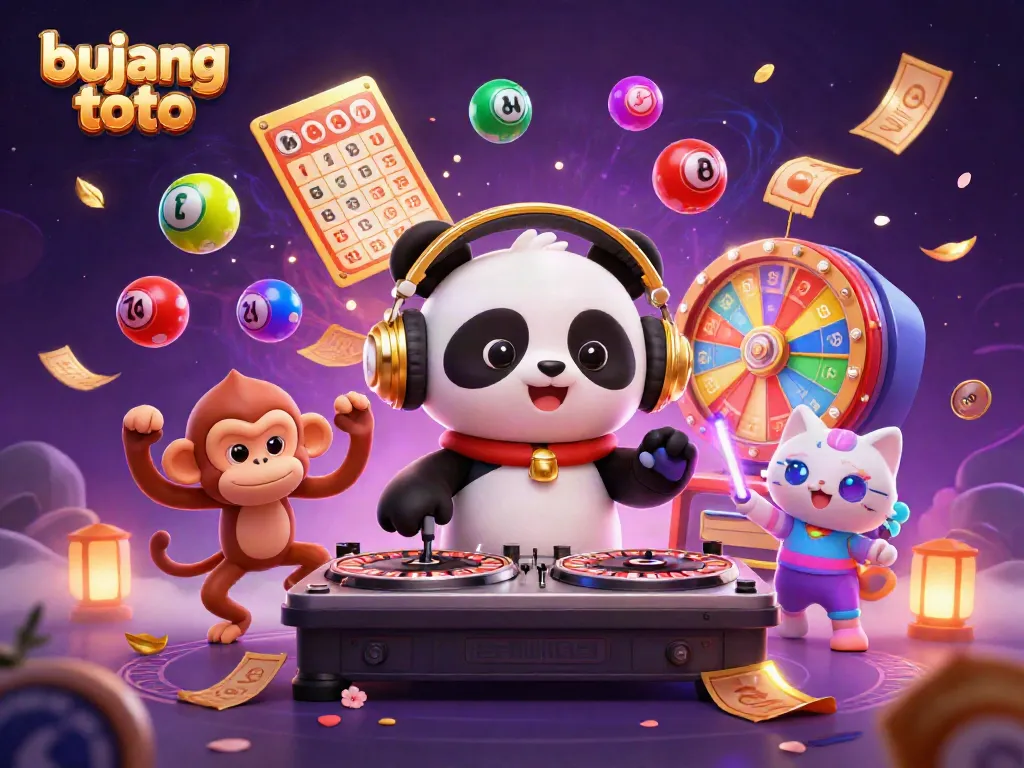 Join the fun at bujang toto with a DJ panda and friends spinning luck at the casino!