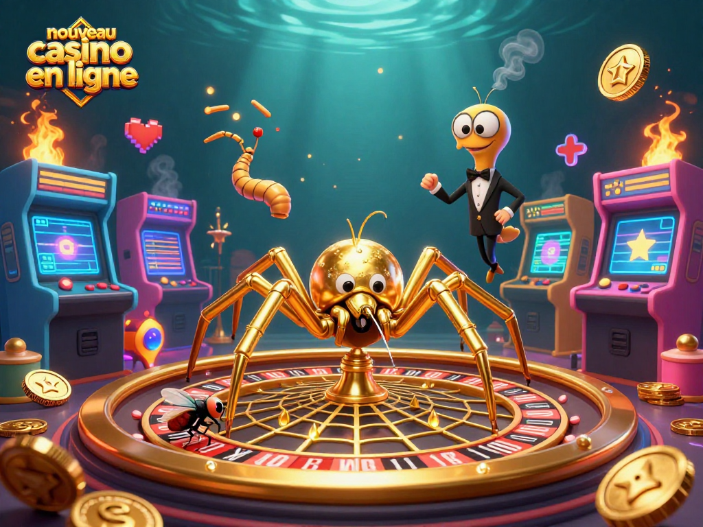 Jouez au nouveau casino en ligne avec une araignée dorée et des éléments de jeux colorés.