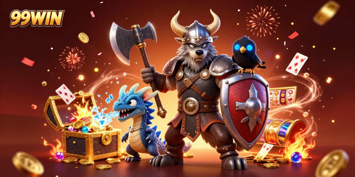 Experience thrilling gaming at 99WIN with a Viking warrior and dragon amidst casino treasures and vibrant energy.