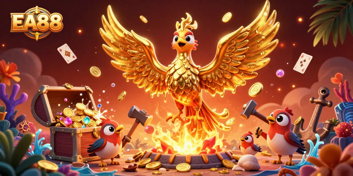 Experience the excitement of EA88 with this vibrant casino scene featuring a molten golden phoenix and underwater treasures.