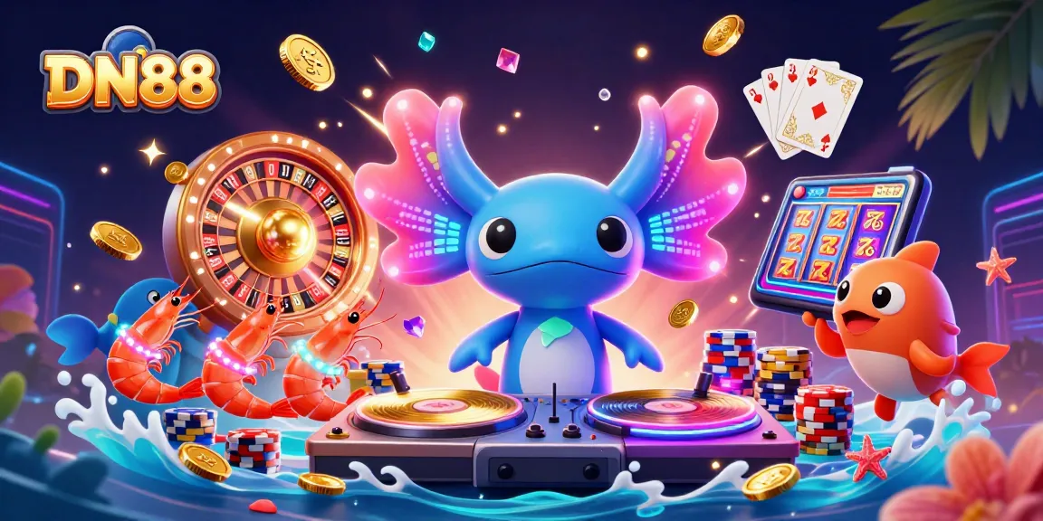 Experience DN88's lively casino atmosphere with vibrant characters and casino elements in a rich 3D illustration.