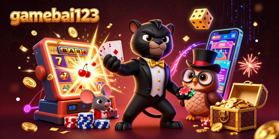 Engage with gamebai123 in an energetic online casino scene featuring a stylish panther dealer, an owl with poker chips, and a lucky mouse.