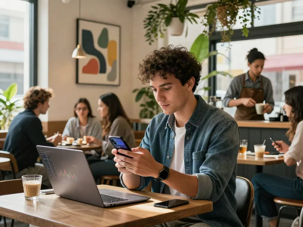 Penggunaan aplikasi diana4d di kafe modern oleh seorang profesional muda, menunjukkan interaksi sosial dan teknologi dalam suasana hangat.