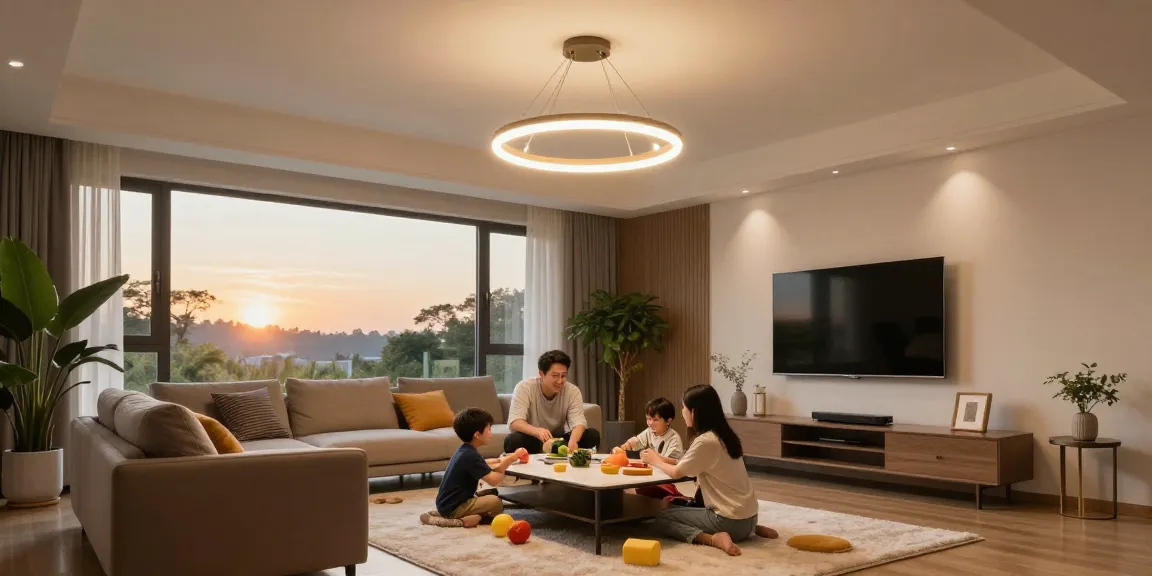 Lustre led moderne în living room, cu familie și atmosferă caldă