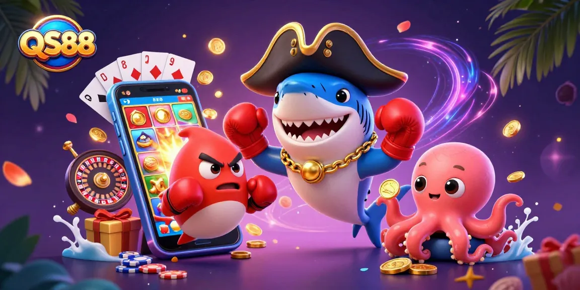 Experience the thrill of QS88 as characters spin vibrant slot games with golden coins and festive celebrations.