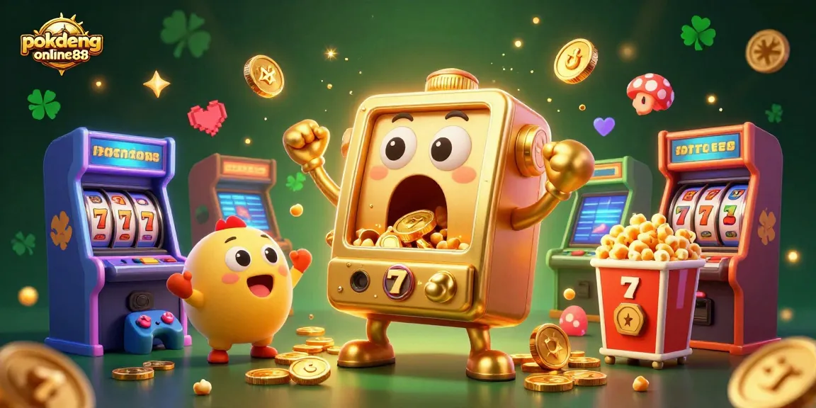 Engaging illustration of a golden slot machine winning at pokdeng-online88, surrounded by cheering characters and arcade game elements.