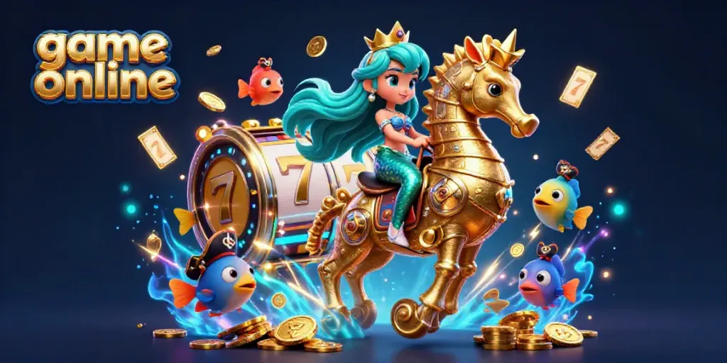 Engage with game online through a vibrant scene featuring a mermaid princess navigating a vibrant gaming adventure.