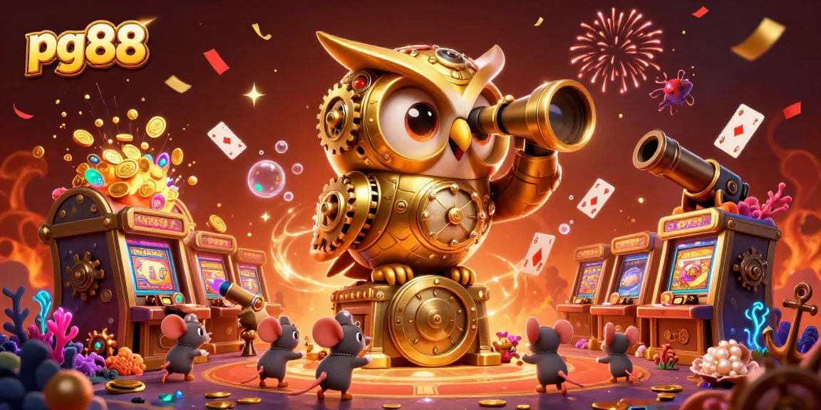 Engage in gaming excitement at pg88, featuring a golden owl overseeing a lively casino scene.