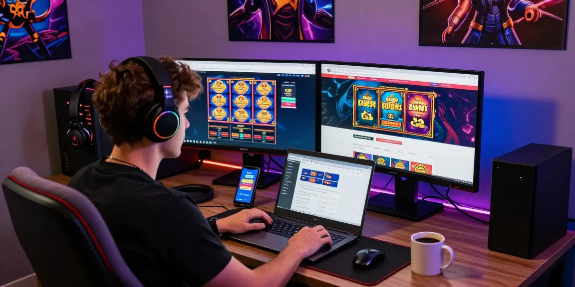 Engaging gambling scene showcasing link situs888 with vibrant slot games on multiple screens.