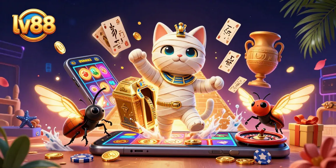 Experience the thrill of lv88 with a unique Egyptian-themed casino illustration featuring a mummy cat and vibrant gaming elements.
