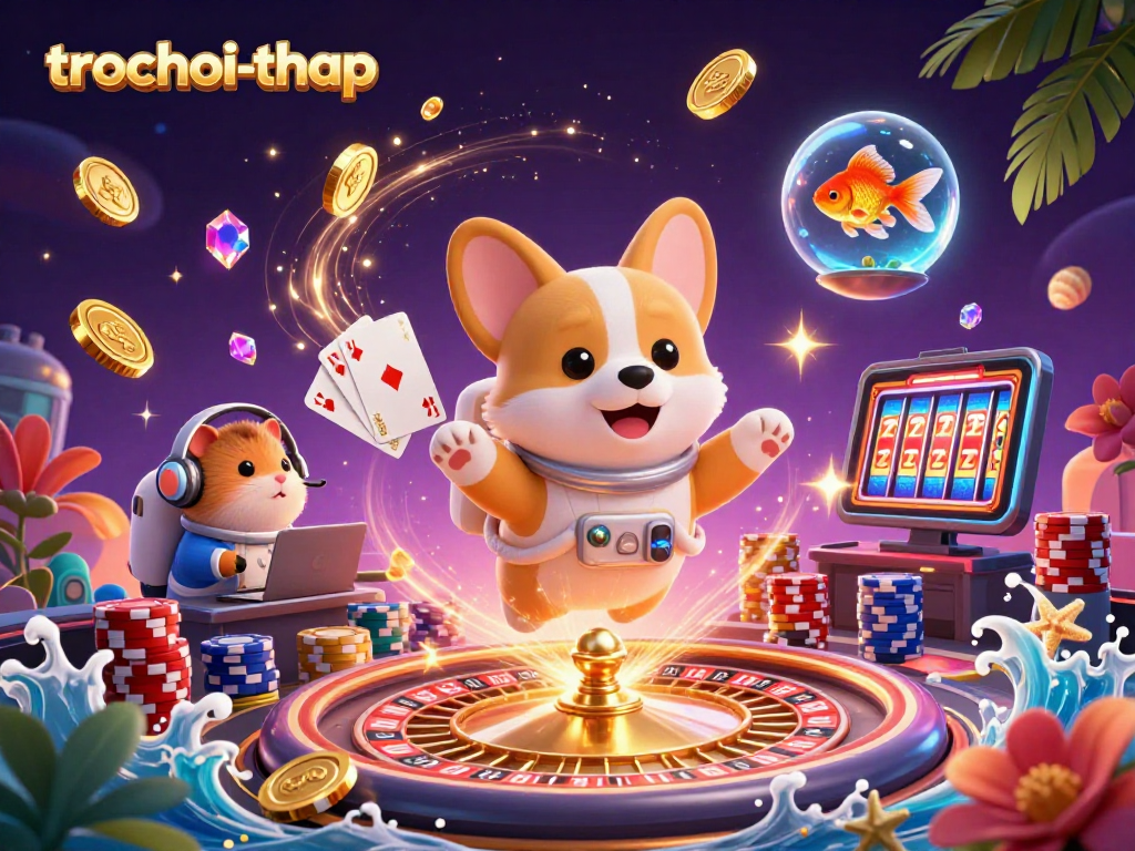 Engage in thrilling gameplay with trochoi-thap, featuring vibrant characters in a floating casino.