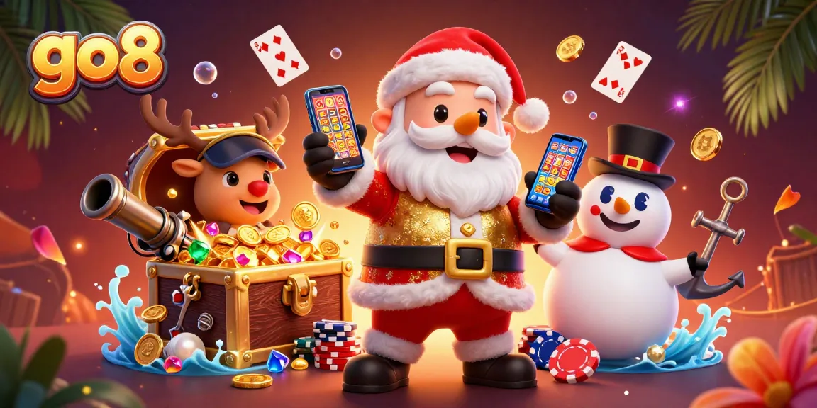 Experience the excitement of go8's jackpots with a festive Santa and casino-themed characters in a vibrant scene.