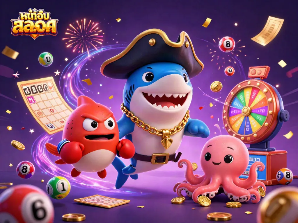 Engage with the vibrant หน้าเว็บสล็อต scene featuring animated characters, lottery elements, and a celebratory atmosphere.