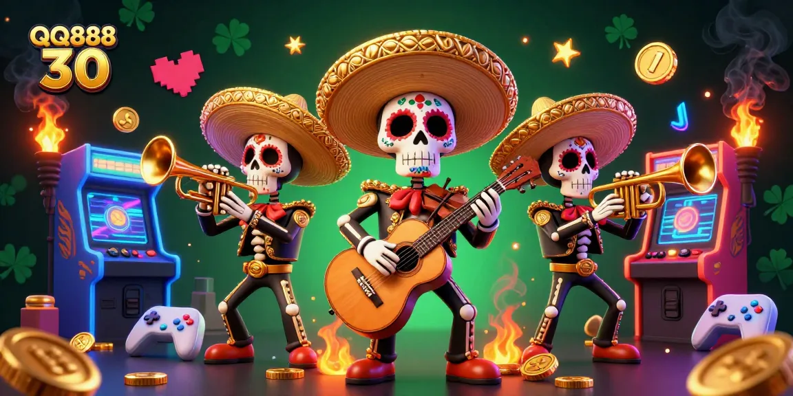 Join the festive QQ888 30 mariachi band with vibrant game elements in this energetic 3D casino illustration.