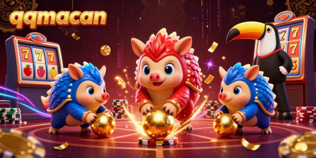 Experience thrilling moments with qqmacan pangolins rolling through poker chips in this vibrant casino scene.