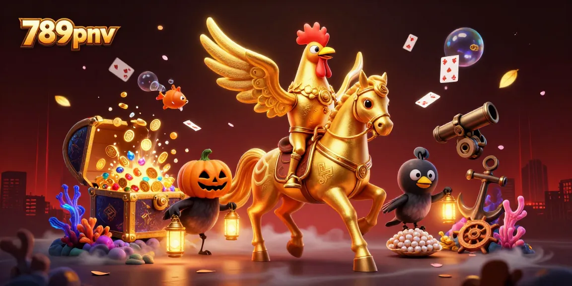 Experience winning excitement at 789pnv with an enchanting casino scene featuring golden rooster characters and treasure elements.