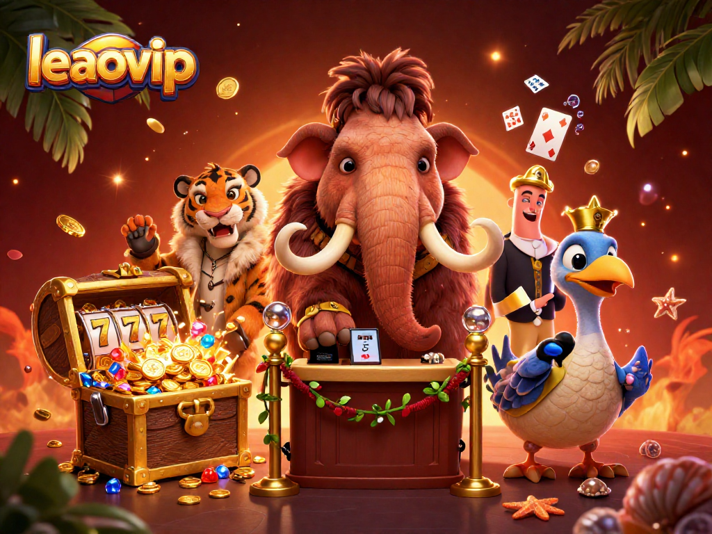 Menangkan permainan slot di leaovip dengan mamut pengaman dan badut pintu di latar penuh harta karun.