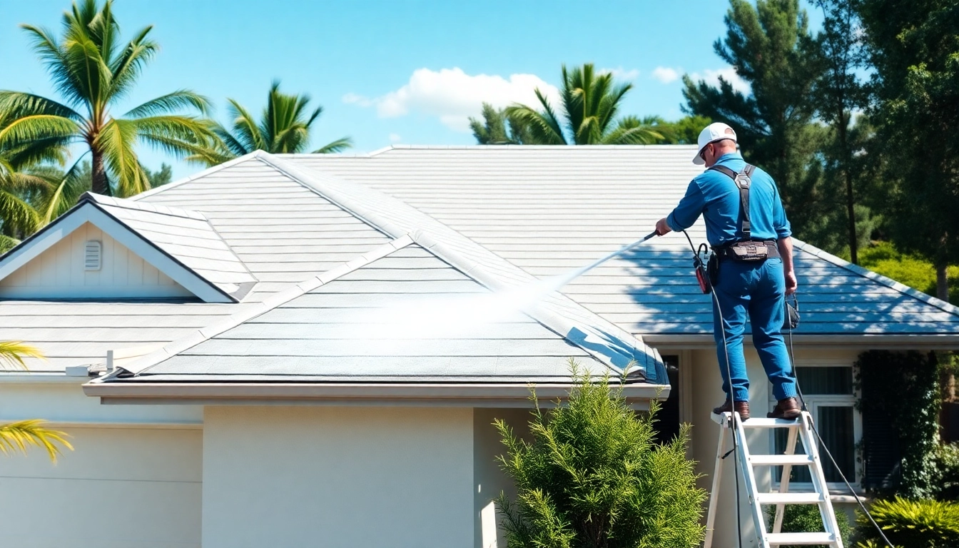 Roof Cleaning technician using soft wash method on a modern home roof.