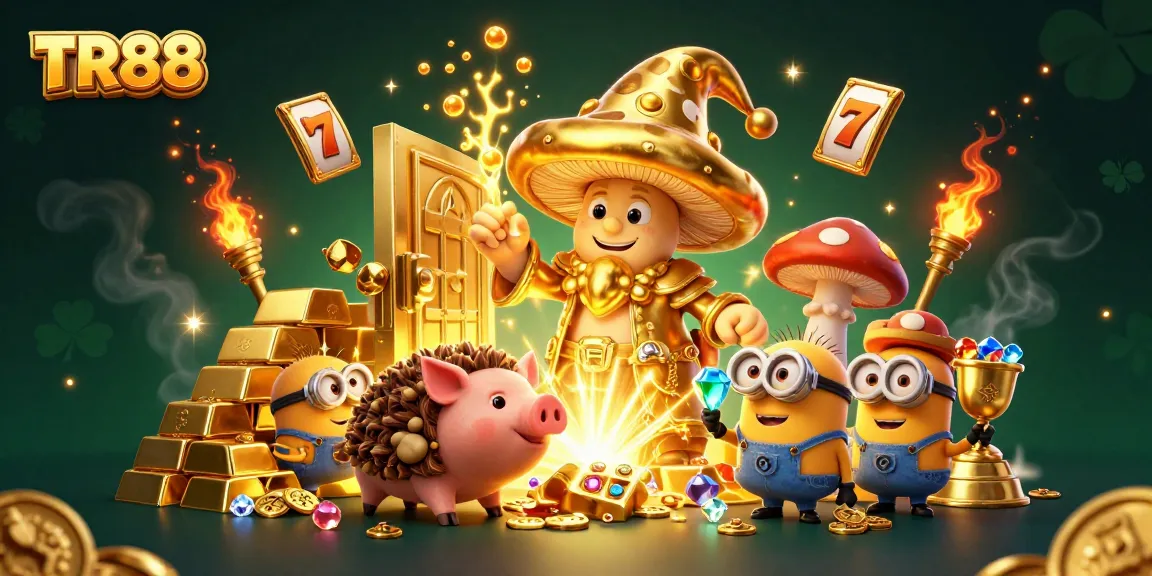 Spin the luck at TR88 with a magical golden mushroom wizard and treasure-filled scene.