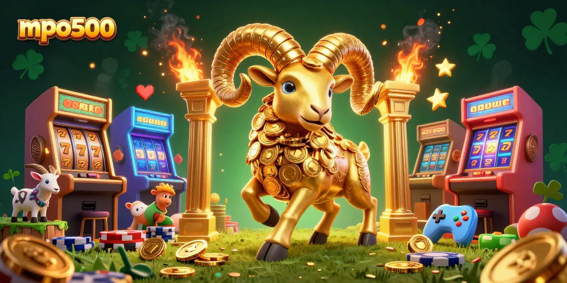 Win big with mpo500's vibrant casino scene featuring a golden ram and arcade games.