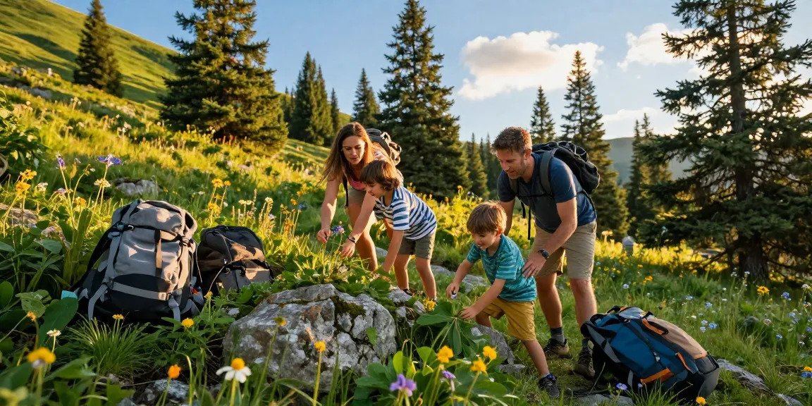 A family adventure scene featuring mantra88 in a lush mountain landscape, showcasing children exploring nature with excitement.