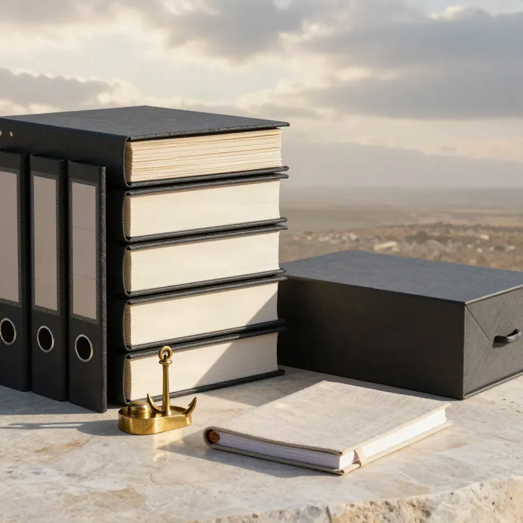 Slate binders, audit cards, brass paperweight, and linen notebook on pale stone with soft light.
