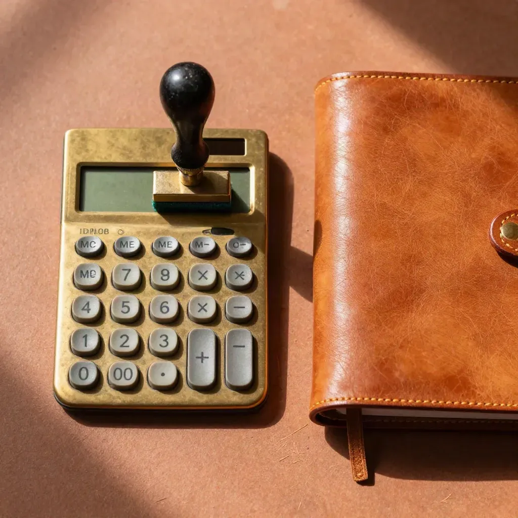 Brass calculator, ink stamp and closed ledger binder on terracotta clay, lit from upper left.