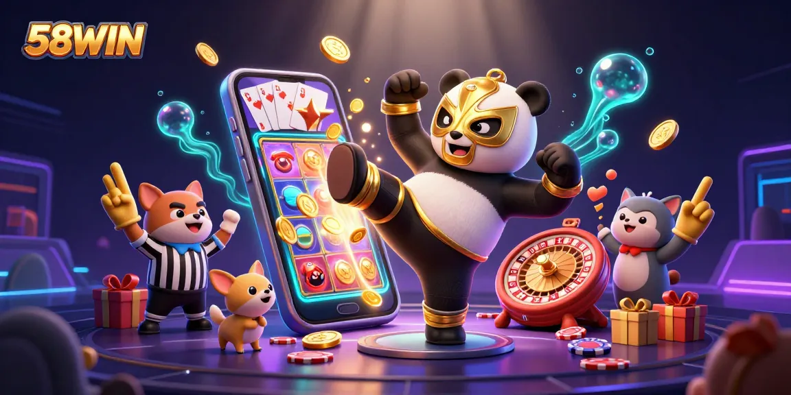 Exciting 58WIN casino scene with a golden panda wrestler kicking and lively animal spectators.