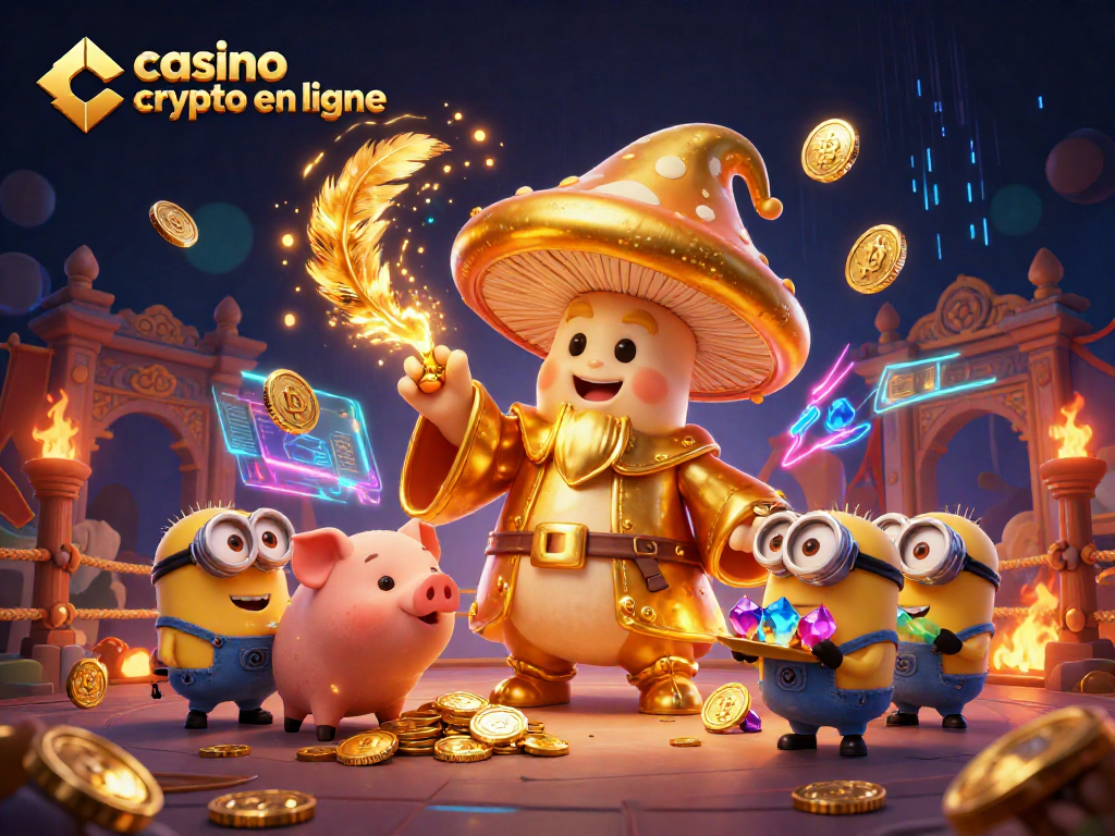 Illustration dynamique de casino crypto en ligne représentant des jeux de magie et des trésors, idéale pour les joueurs.