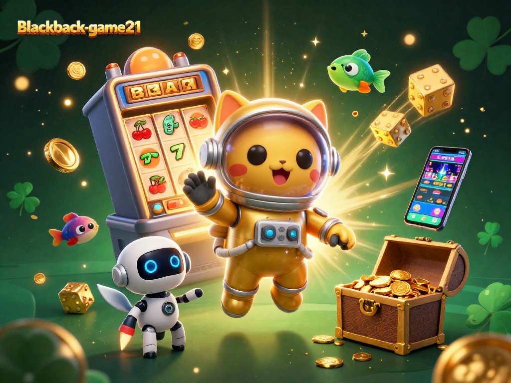 Experience the excitement of blackjack-game21 with a unique scene of a space cat and dog in a casino.