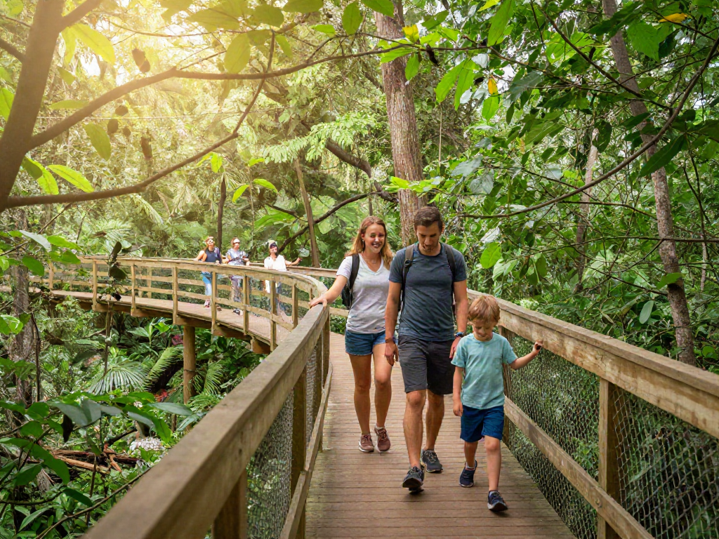 Treetop Walkway experience with a family strolling through a vibrant forest canopy enjoying nature.