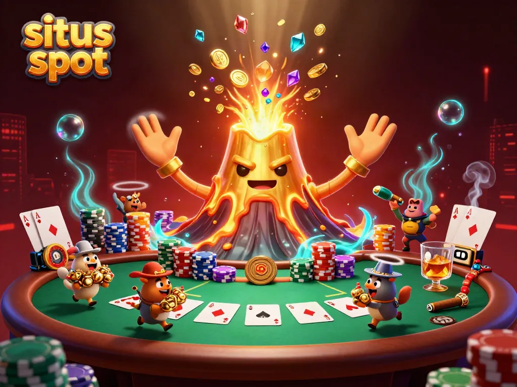 Experience the thrill of situs slot with a cartoon volcano erupting treasure in a vibrant casino scene.