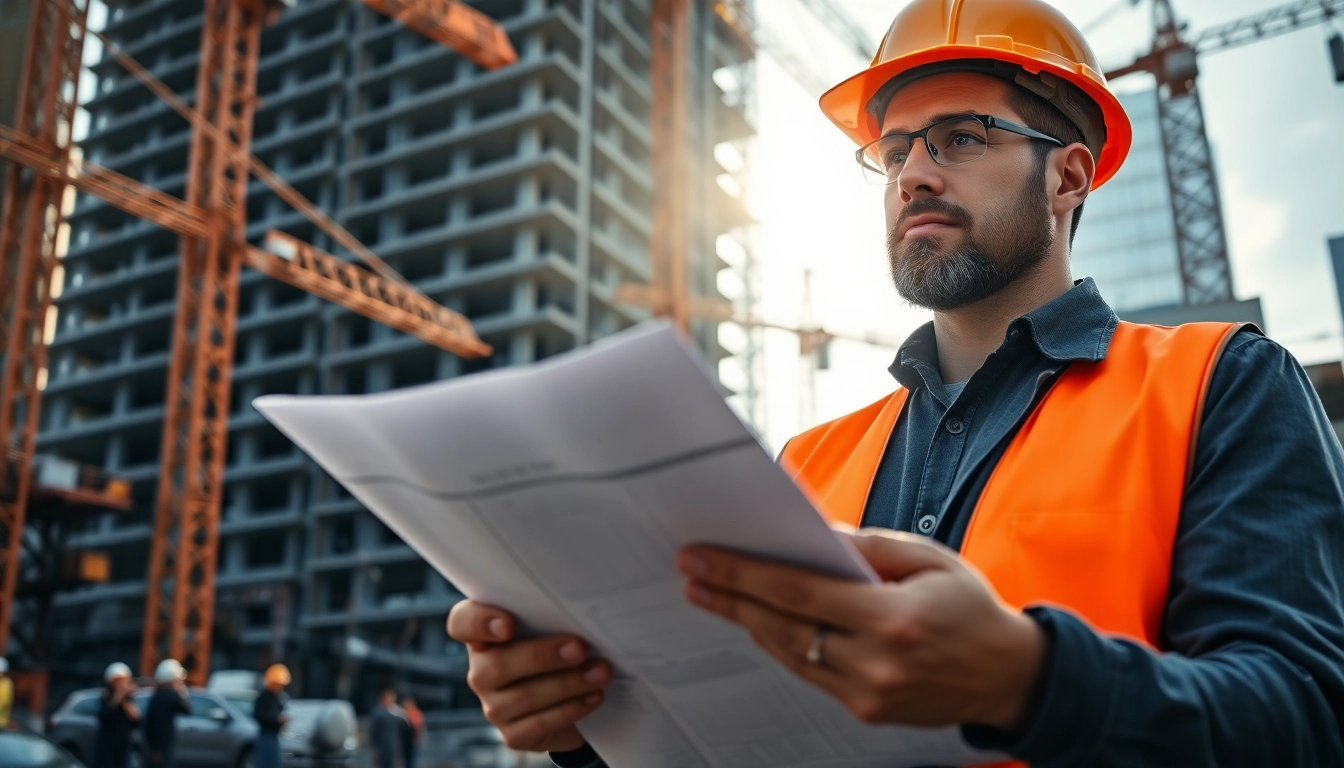 New York Construction Manager overseeing a bustling urban construction site with blueprints.